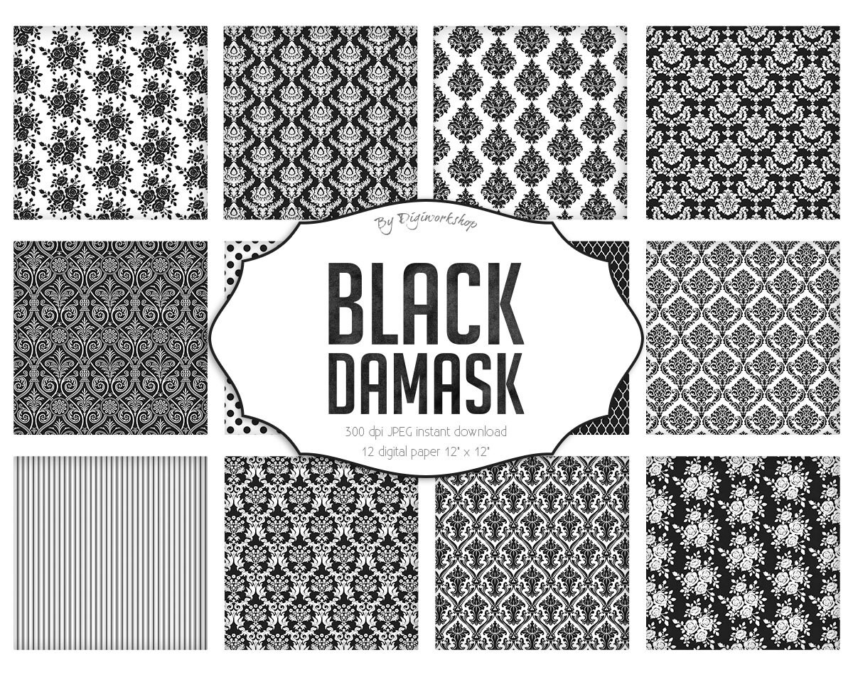 Damask digital paper Black White Damask damask Etsy