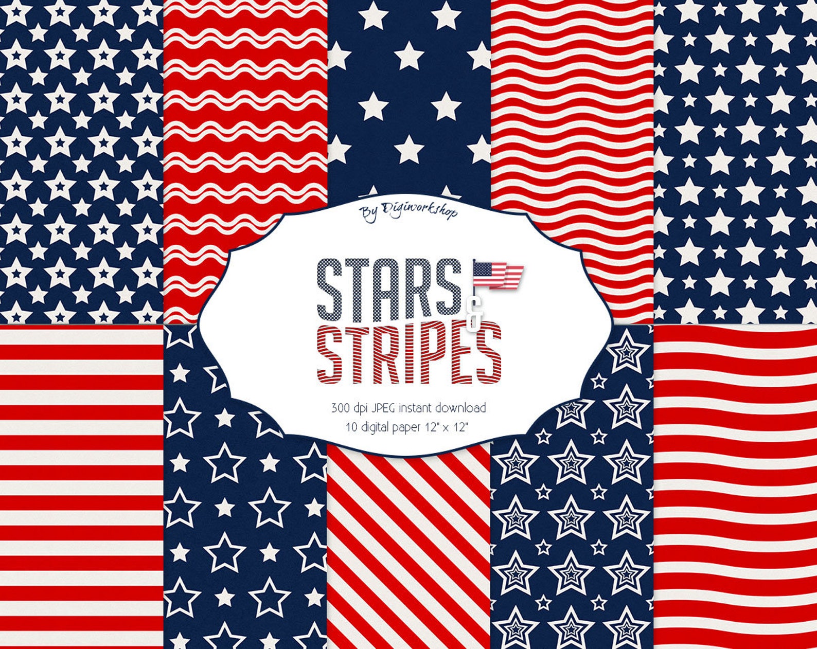 Patriotic Digital Paper Stars &amp; Stripes with stars | Etsy