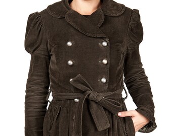 Coat victorian, gothic, with belt, tailored collar, lined, double fastening