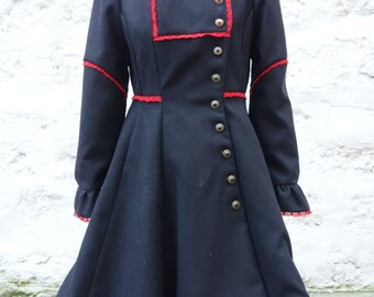 Coat, victorian, gothic, with lace, high collar, black with red lace, lined