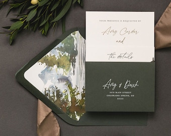 Serene Mountain Wedding Invitation Card with Watercolor Nature Pine Trees, Sage Green Envelope, Elegant Wedding Card for Rustic Outdoors