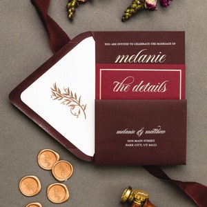 SAMPLE of Moody Romantic Wedding Invitation with Burgundy Ombre and Rose Gold