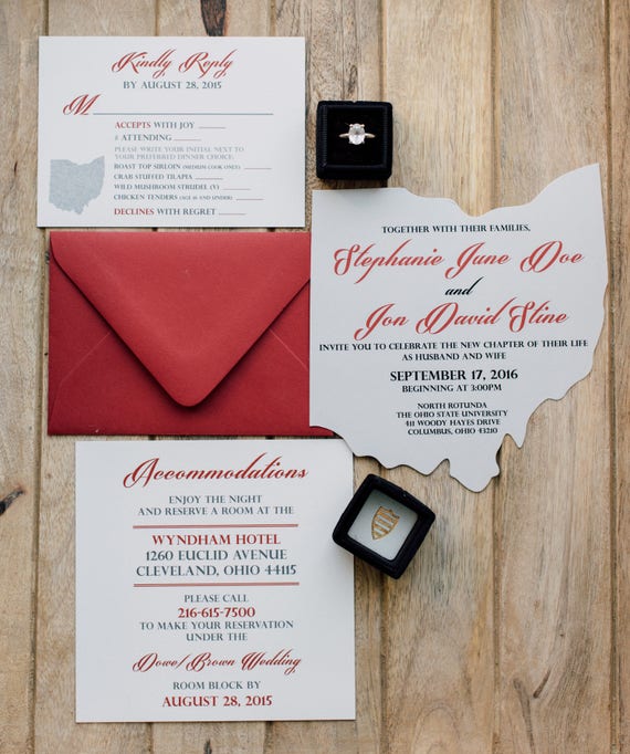 Ohio Cutout Wedding Invitation Scarlet And Grey Wedding Invite Ohio Buckeye Theme Wedding Invitation