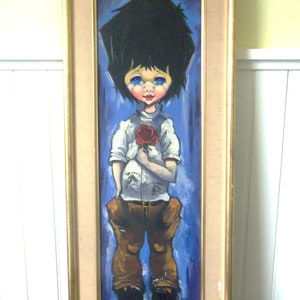 Great Mid Century Oil on Canvas Big Eyed Boy with Rose ala M.Keane