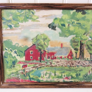 Fine Old Gouache on Cardboard Landscape Painting with Red House