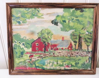 Fine Old Gouache on Cardboard Landscape Painting with Red House