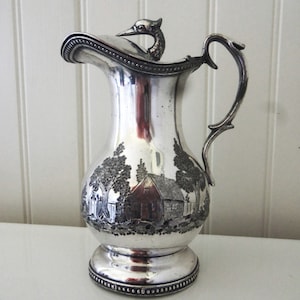 Rare Antique Silver Plated Syrup Jug Embossed Cottage Scenes Swan Finial