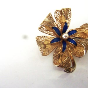 FINE Vintage Gilded Sterling Filigree Brooch, Enamel, Cultured Pearl Topazio Portugal