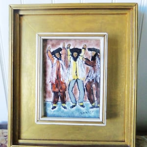 Great Signed Enamel on Copper Painting, Three Hasidic Dancers