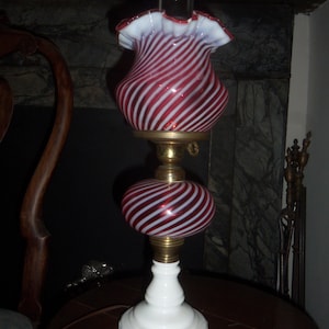 Fine Victorian Cranberry Swirl Glass Hurricane Lamp circa 1880