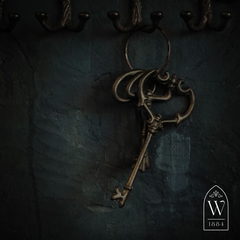 May include: A set of antique keys with intricate designs hanging on hooks against a dark, textured wall. The keys are made of metal and have a rustic, aged appearance.