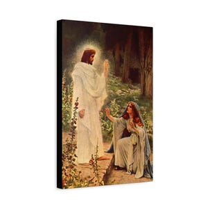 May include: A painting depicting a woman kneeling in a field of flowers, looking up at a man in a white robe who is walking away from her. The man is surrounded by a bright light, and the woman is wearing a blue dress with a red scarf.