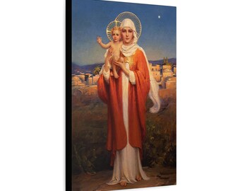 May include: A painting of the Virgin Mary holding the baby Jesus. Mary is wearing a red robe with a white shawl and a gold halo. Jesus is wearing a white robe and a gold halo. The painting is set against a background of a city with a star in the sky.