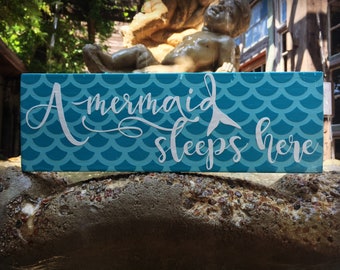 A Mermaid sleeps here, Mermaid wooden sign, Mermaid Decor, Mermaid Nursery, Beach Nursery, Nautical Nursery, Mermaid Wall Art