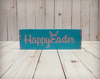 Happy Easter wooden sign, Easter Decor, Spring Decor, Easter Sign, Pastel Easter Bunny sign, Rustic Spring Decor, Farmhouse Decor