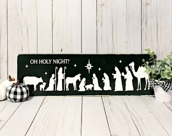 Rustic Evergreen Oh Holy Night, Large Nativity Scene, Religious Sign, Christmas, Nativity, Religious Decor, Rustic Christmas decor