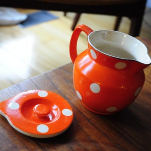 Antique Japanese Creamer/ Orange with white dots/ with lid image 3