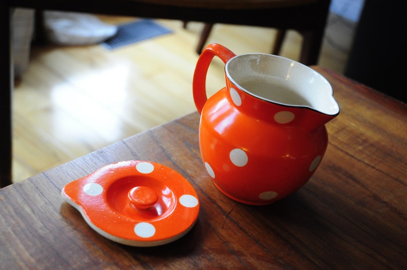 Antique Japanese Creamer/ Orange with white dots/ with lid image 3