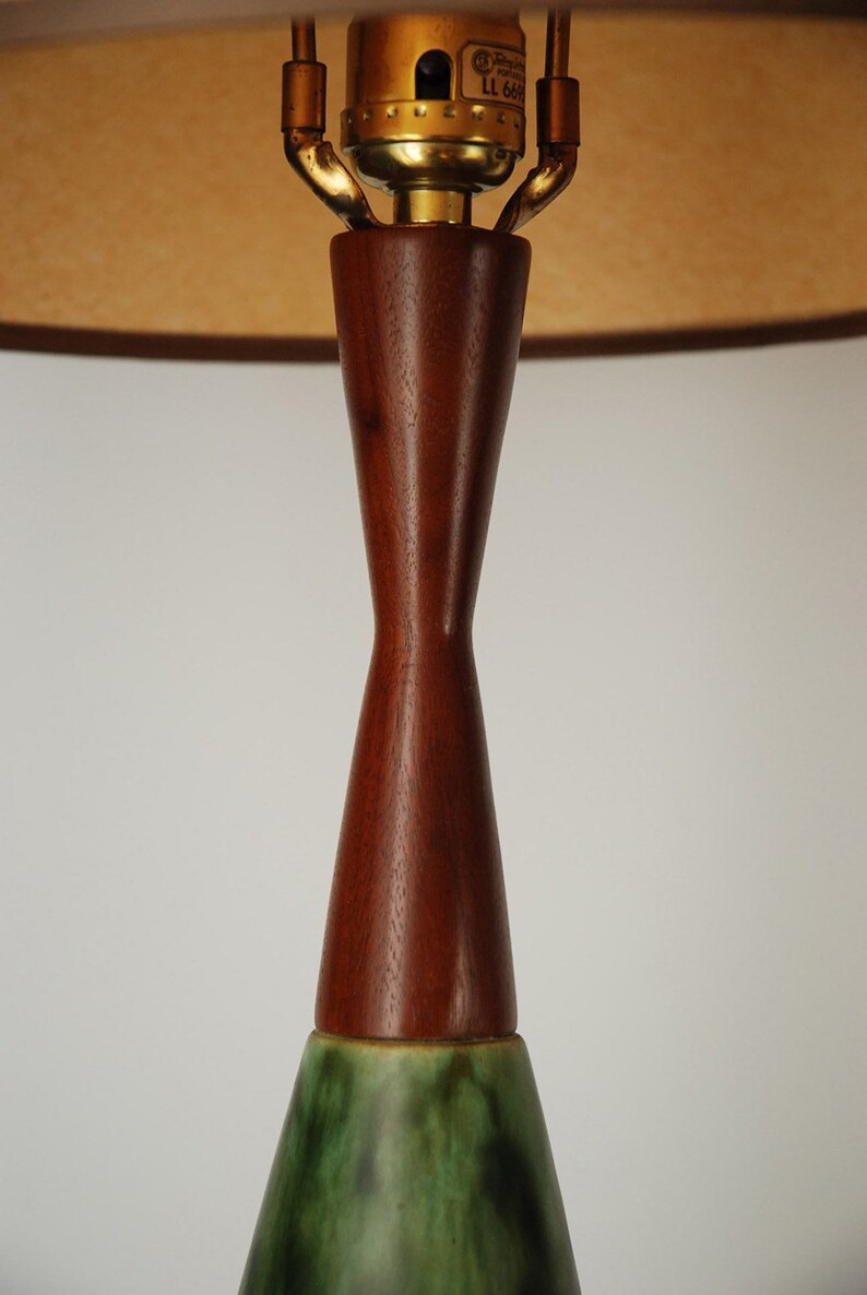 Mid Century walnut /& green glazed ceramic lamp