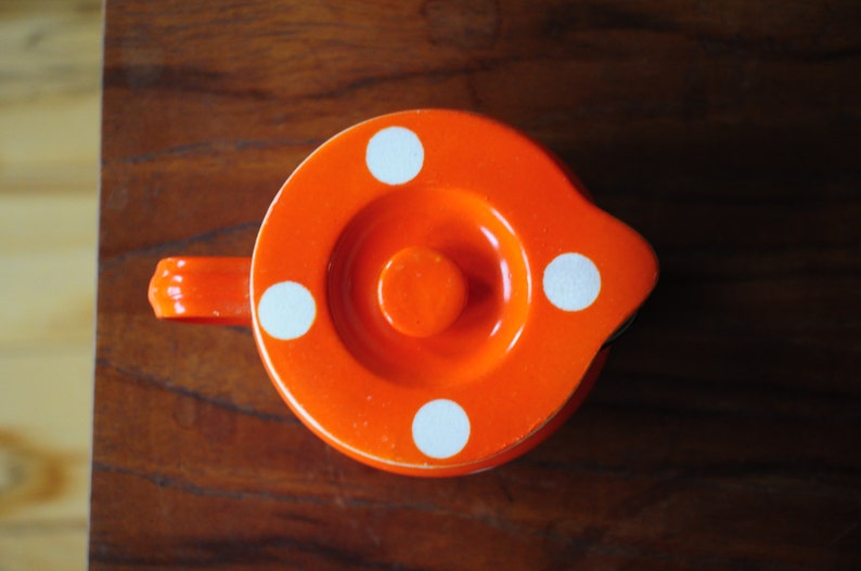 Antique Japanese Creamer/ Orange with white dots/ with lid image 2