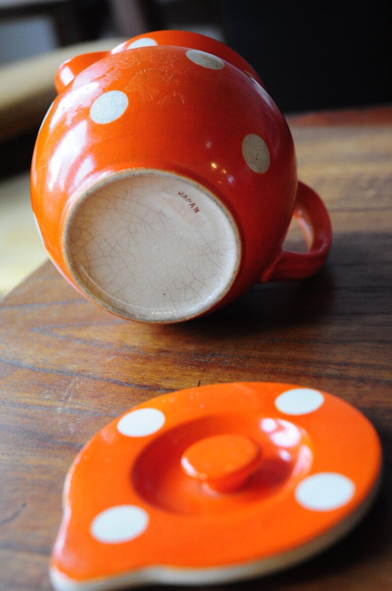 Antique Japanese Creamer/ Orange with white dots/ with lid image 4