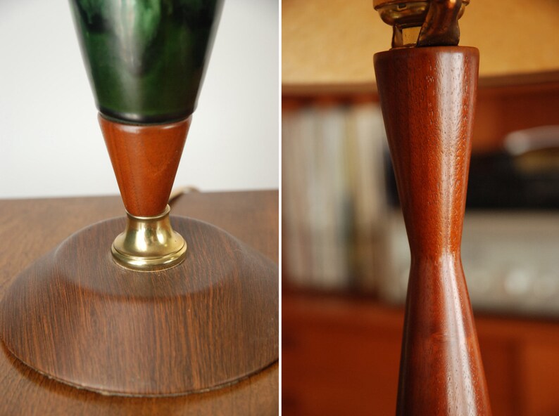 Mid Century walnut /& green glazed ceramic lamp