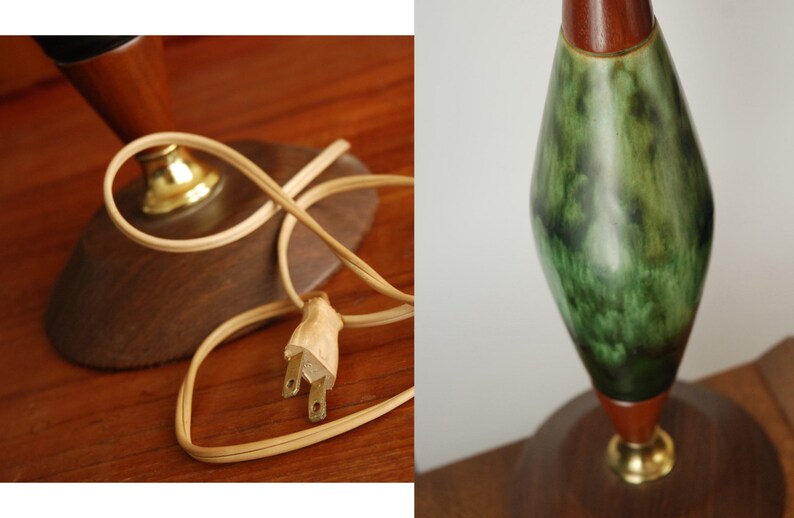 Mid Century walnut /& green glazed ceramic lamp