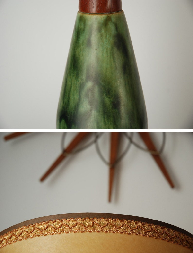 Mid Century walnut /& green glazed ceramic lamp
