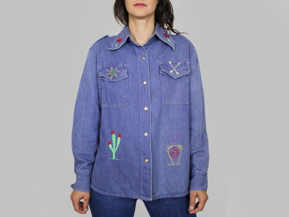70s Embroidered Chambray Shirt Vintage