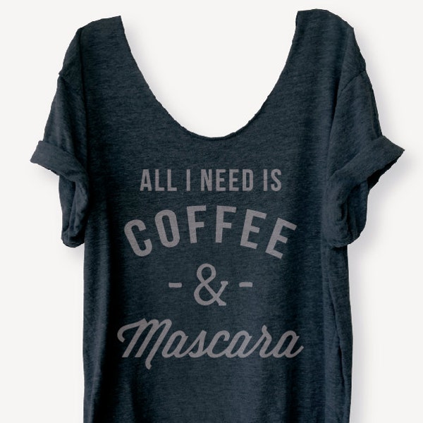 Sale COFFEE & Mascara Charcoal/Grey Off Shoulder Triblend Raw Edge Beachy Swanky Tee Funny Graphic Tee Yoga Top Namaste - ONE SIZE