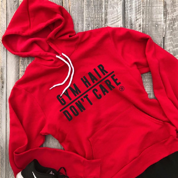 Sale!! GYM HAIR Don't Care..... UNISEX Sweatshirt Red / Black Hoodie Sweatshirt, Cozy Sweatshirt