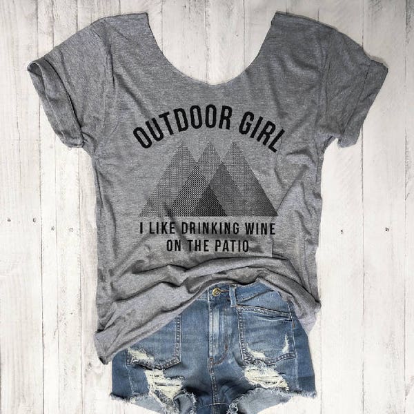 SALE! ONE SIZE Outdoor Girl,  Funny Off Shoulder Triblend Raw Edge Swanky Tee Funny Graphic Tee Yoga Top Namaste