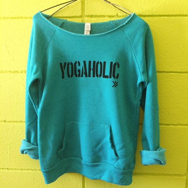 SALE!! MEDIUM YOGAHOLIC Turquoise/Black Eco Off-shoulder, Raw-Edge Sweatshirt