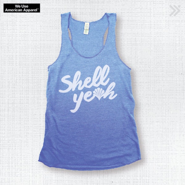 Sale XS Shell Yeah in Athletic Blue/White..Funny Tank, Yoga Shirt, Gym Shirt, Gym Tank, Yoga Top, hot yoga, Gym Top, Yoga Vest