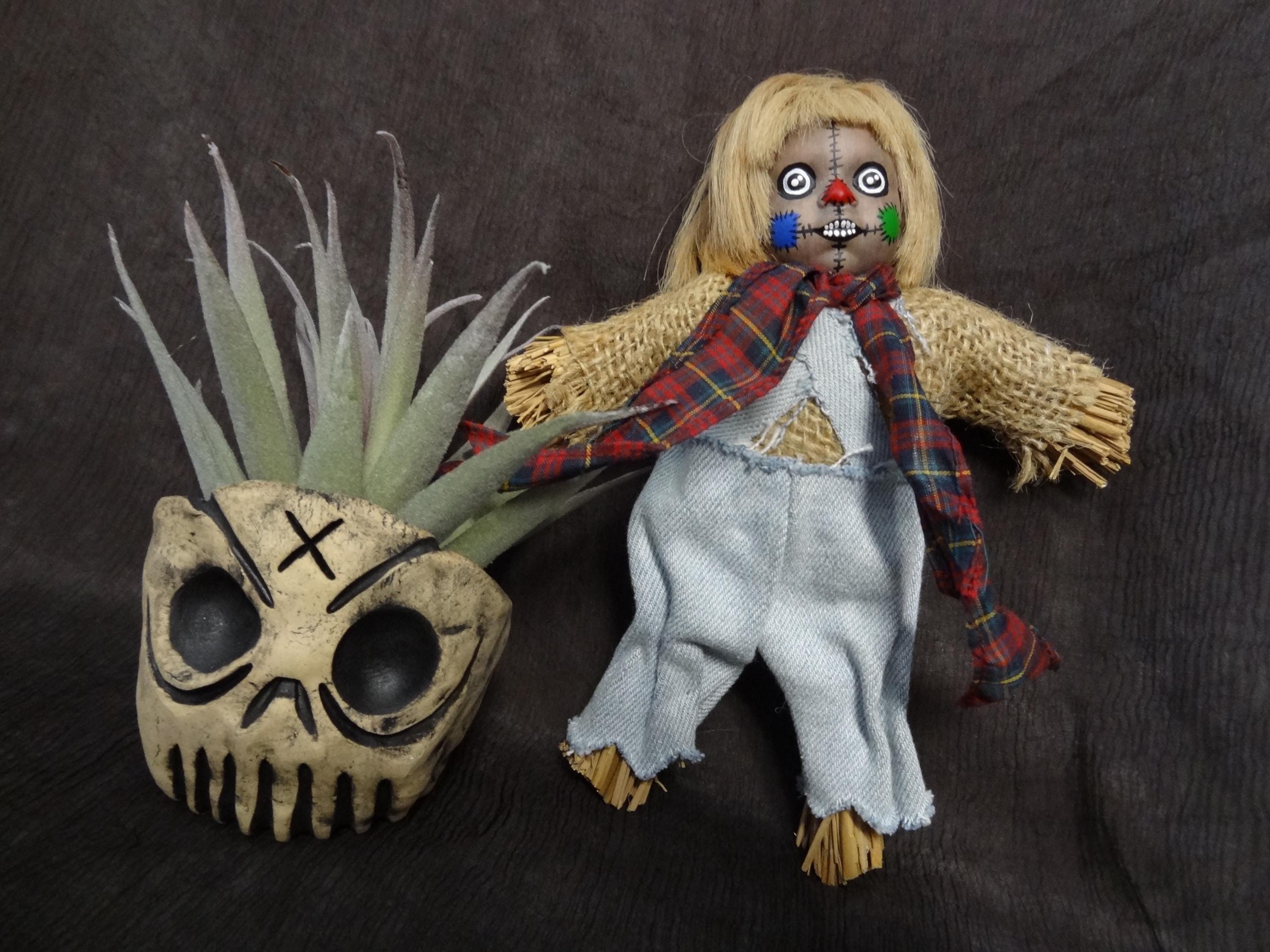 Little Scarecrow Doll and Small Spooky Planter Halloween Decor