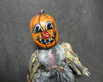 Vintage Pumpkin Inspired Doll  Funny Pumpkin Head Doll  Old Fashioned Pumpkin Head Doll  Halloween Doll  Day of the Dollies #365 no stand