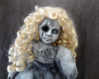 Creepy Girl Doll with Pentagram  Spooky Girl Doll  Haunted Doll   Evil Doll  Scary Doll  Horror Doll  Dark Art  Day of the Dollies #427