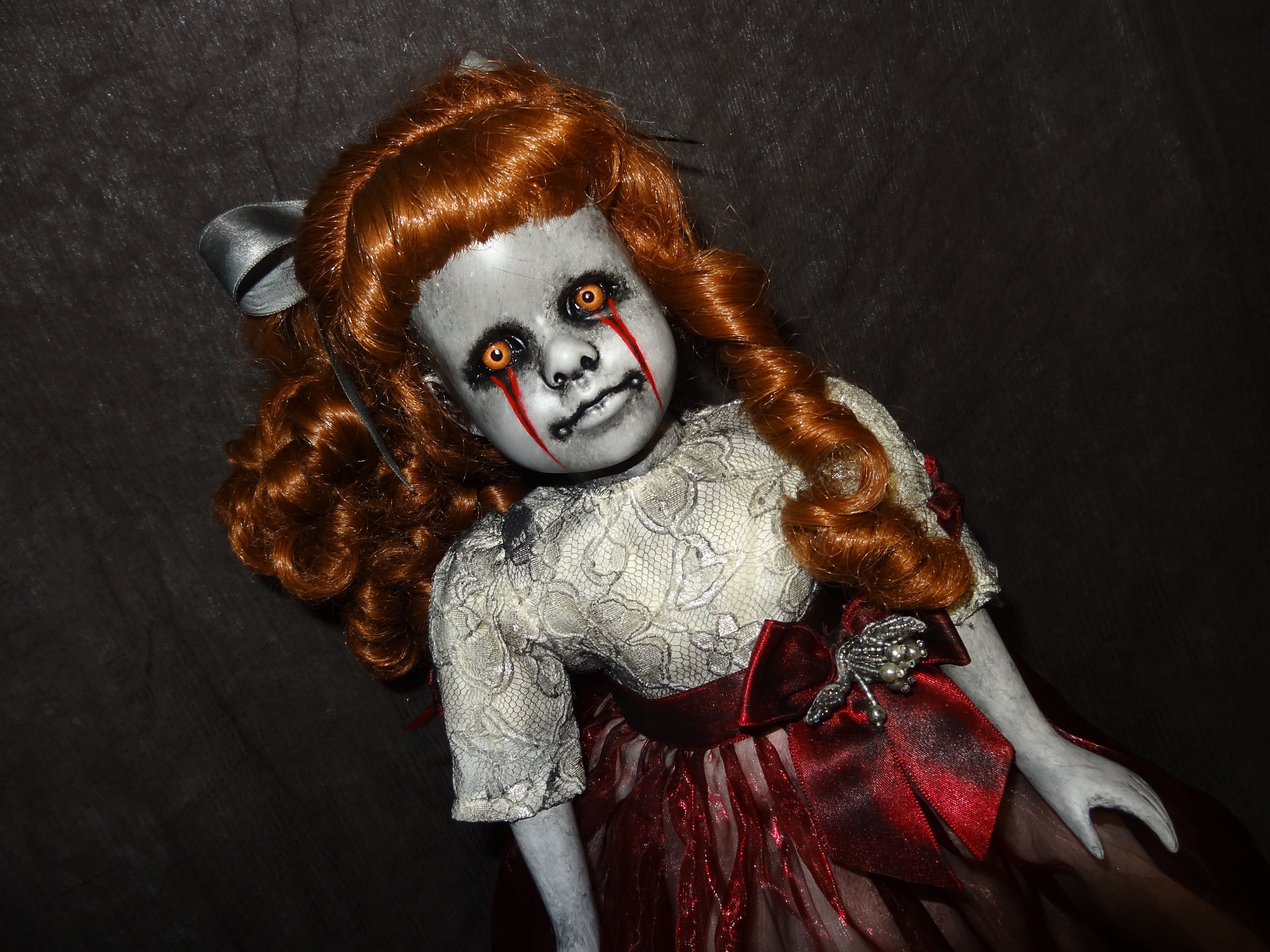Creepy Doll in Red and White Dress Spooky Doll Haunted Doll Evil