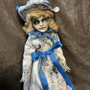 Small Ghostly Lady in White and Blue, Little Spooky Doll, Day of the Dollies