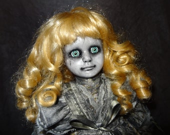 Creepy Doll with Spooky Green Eyes  Scary Doll  Ghostly Doll  Spooky Girl Doll  Macabe Decor  Dark Art  Day of the Dollies #492