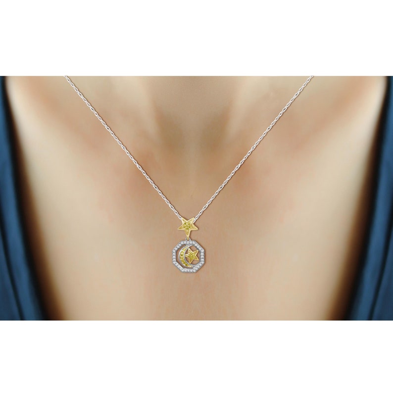 17 Carat T.W Yellow And White Diamond Two Tone Silver Star /& Moon Octagon Pendant