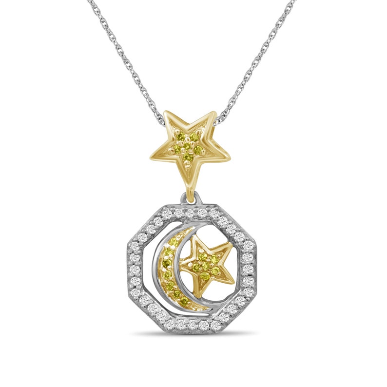 17 Carat T.W Yellow And White Diamond Two Tone Silver Star /& Moon Octagon Pendant