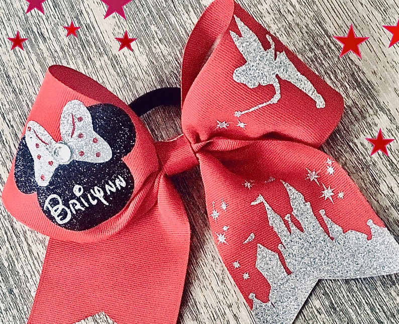 Disney inspired CheerDance Hair Bow with Minnie Mouse competition or school TinkerBell /& Castle-any bow can be personalized with a name