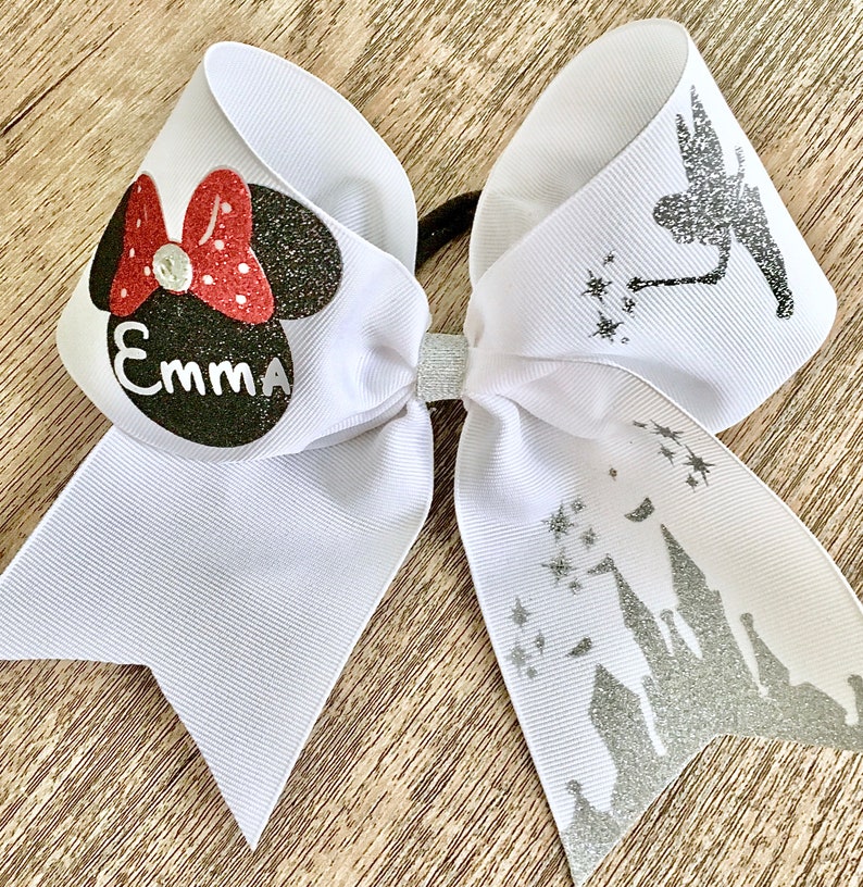 Disney inspired CheerDance Hair Bow with Minnie Mouse competition or school TinkerBell /& Castle-any bow can be personalized with a name