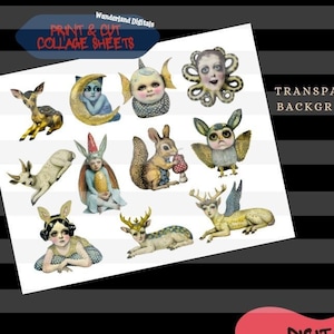 Puede incluir: Un conjunto de hojas de collage imprimibles con ilustraciones caprichosas de hadas, animales y criaturas míticas. Las imágenes tienen una estética vintage y son perfectas para manualidades y scrapbooking.