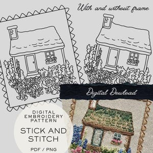Stick and Stitch Embroidery Pattern DIY plus DMC cheat sheet - Home Decor Hand Embroidery - cozy cottage stamp