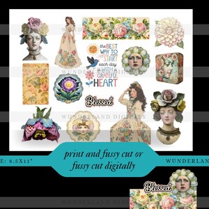 May include: A digital collage sheet with 11 images featuring vintage illustrations of flowers, women, and inspirational quotes. The sheet includes quotes like "the best way to start each day is with a grateful heart" and "Blessed".