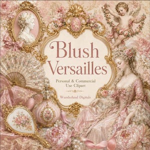 May include: A digital graphic featuring the text Blush Versailles, Personal & Commercial Use Clipart, and Wunderland Digitals. The design includes a gold ornate frame, a bust, a cherub, a hand fan, a perfume bottle, and a mirror.