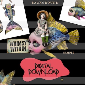 Puede incluir: Un collage digital que presenta una ilustración caprichosa de una niña montando un pez grande y colorido. El pez tiene una cara humana con ojos grandes y una tez rosada. La niña lleva un vestido floral y un sombrero de paja. El fondo es negro con el texto "Whimsy Within" y "Descarga digital" en blanco.