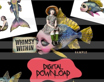 Whimsical Mermaid Fish Collage Sheet, Junk Journal Ephemera (Digital Download)